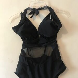 NEW NWT Cupshe Halter Sheer Mesh Midriff One Peice Swimsuit.  Black. Medium